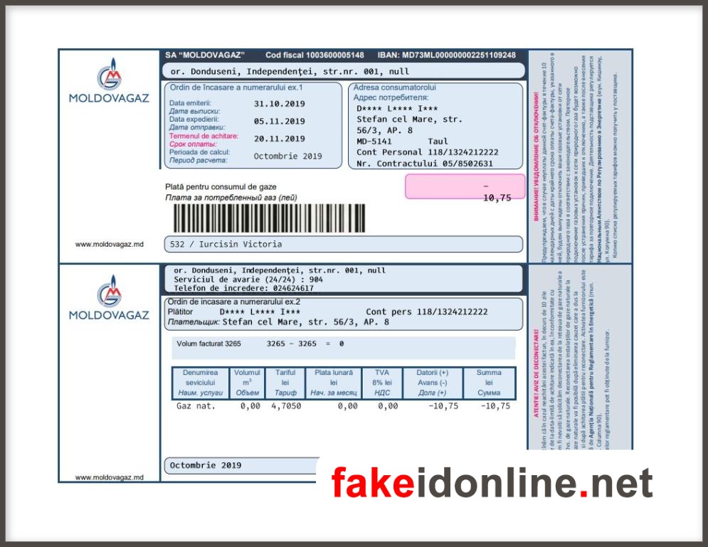 Moldova Utility Bill PSD Template - Moldova Proof of Address